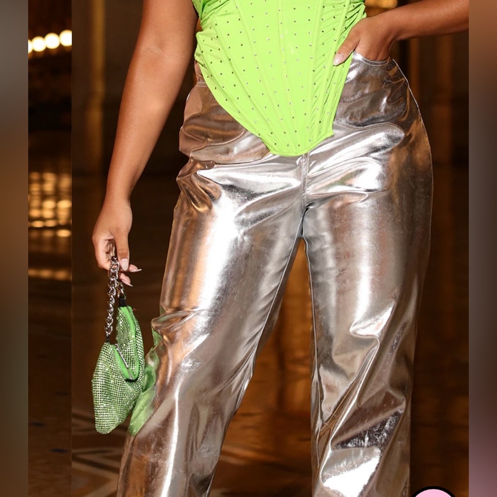 PLUS SILVER METALLIC COATED STRAIGHT LEG PANTS